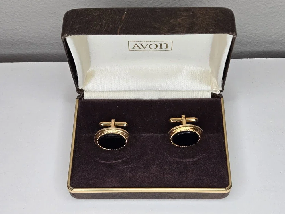 Vintage Avon Cufflinks ~ Gold Tone ~ Faux Onyx Stone